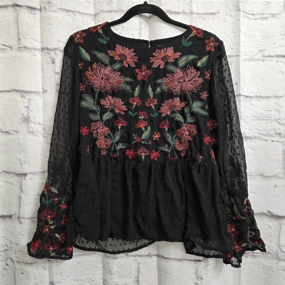 American Eagle Outfitters Tops - American Eagle Outfitters Peplum Top with Red Floral Embroidery Size Large